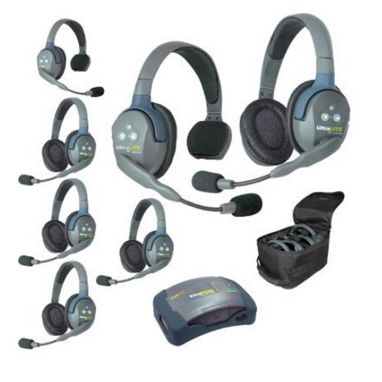 Eartec HUB725 7-Person Full Duplex Wireless Intercom with 2 Single and 5 Double Ear Headset