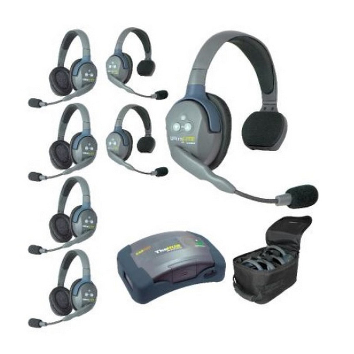 Eartec HUB734 7-Person Full Duplex Wireless Intercom with 3 Single and 4 Double Ear Headset