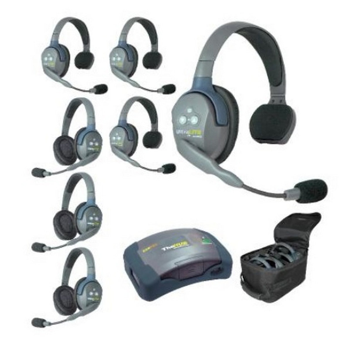 Eartec HUB743 7-Person Full Duplex Wireless Intercom with 4 Single and 3 Double Ear Headset