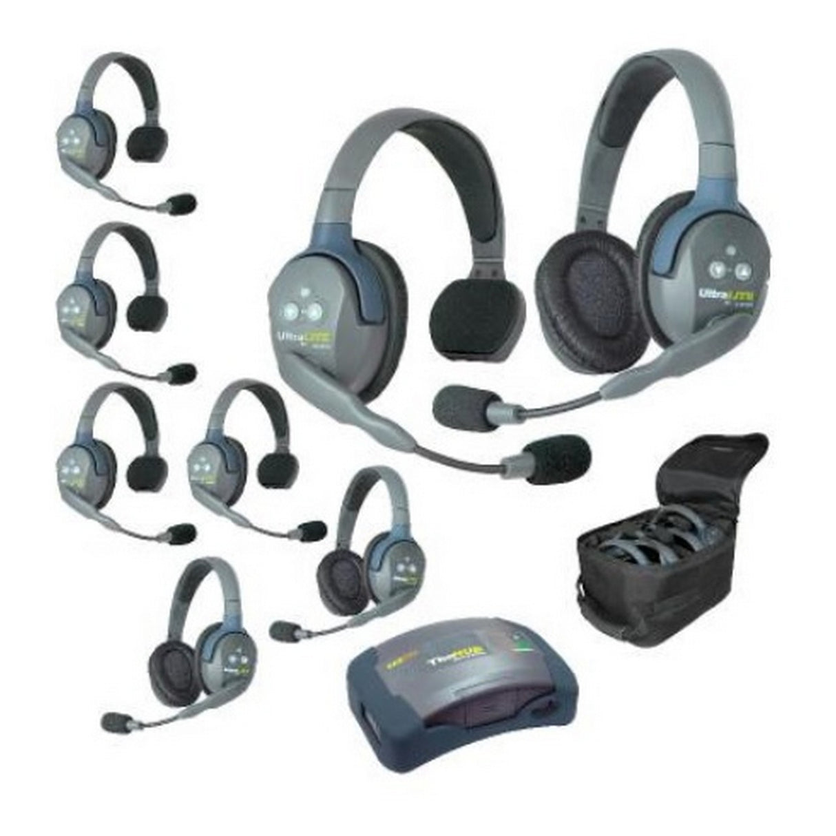 Eartec HUB853 8-Person Full Duplex Wireless Intercom with 5 Single and 3 Double Ear Headsets