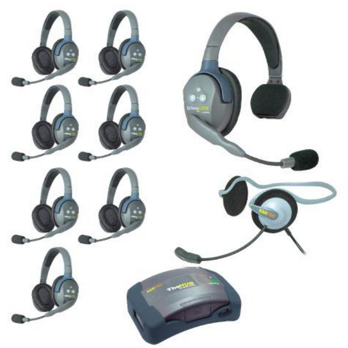 Eartec HUB917MON UltraLITE and HUB 9 Person Headset System with 1 ULSR, 7 ULDR, 1 Monarch