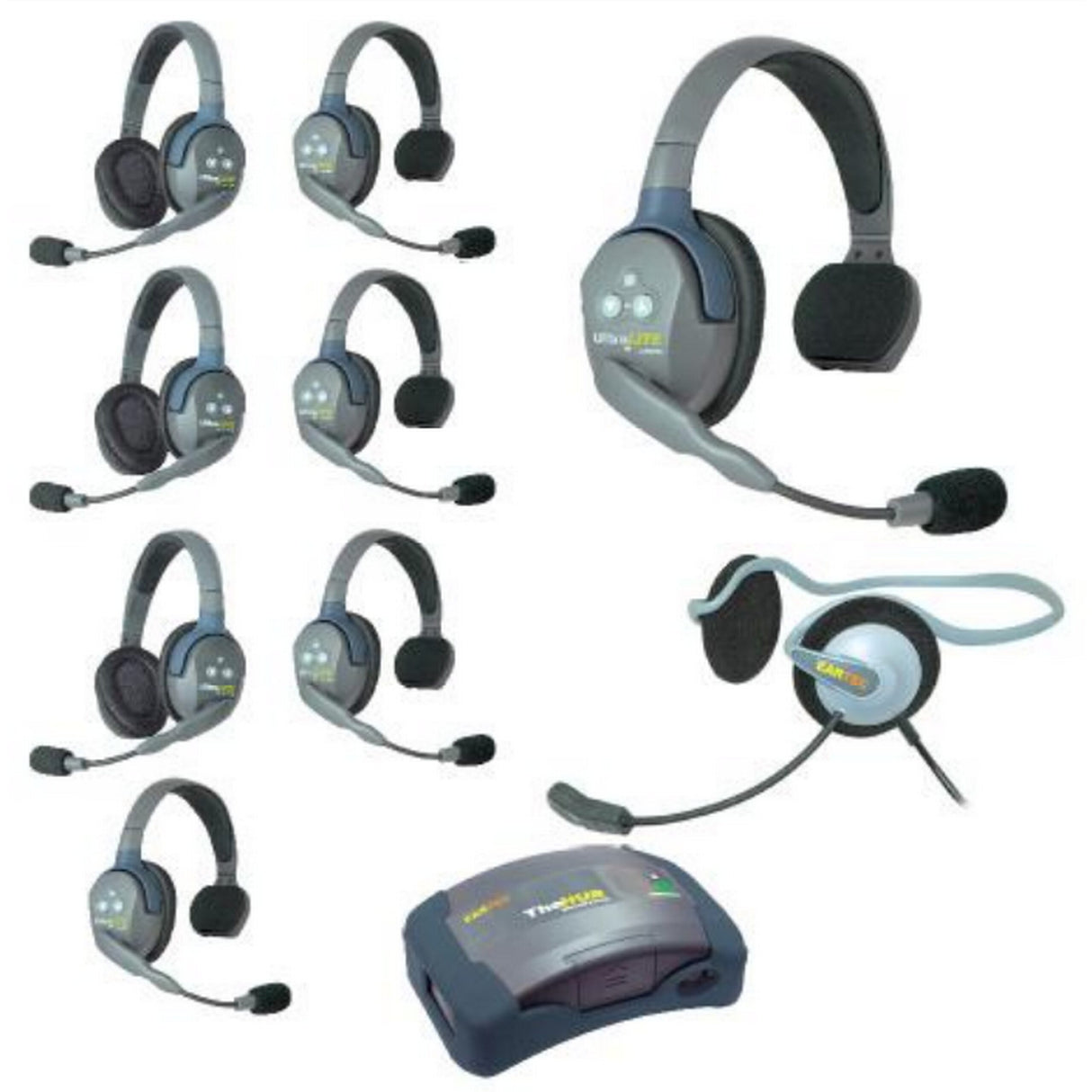 Eartec HUB953MON UltraLITE and HUB 9 Person Headset System with 5 ULSR, 3 ULDR, 1 Monarch