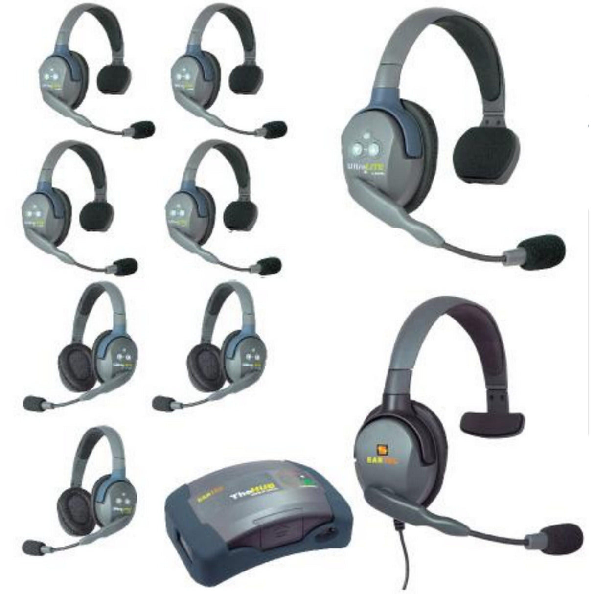 Eartec HUB953MXS UltraLITE and HUB 9 Person Headset System with 5 ULSR, 3 ULDR, 1 Max 4G Single