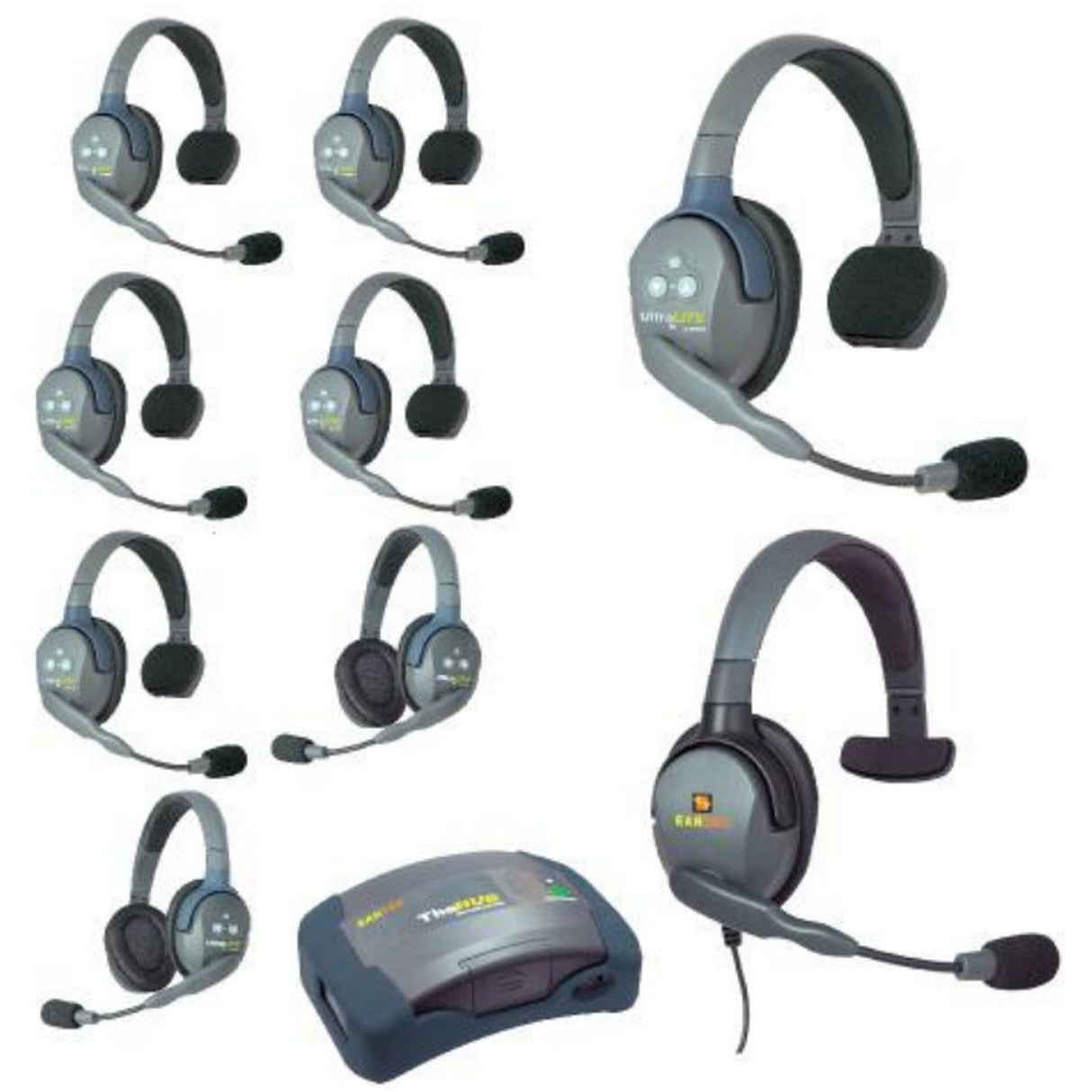 Eartec HUB962MXS UltraLITE and HUB 9 Person Headset System with 6 ULSR, 2 ULDR, 1 Max 4G Single