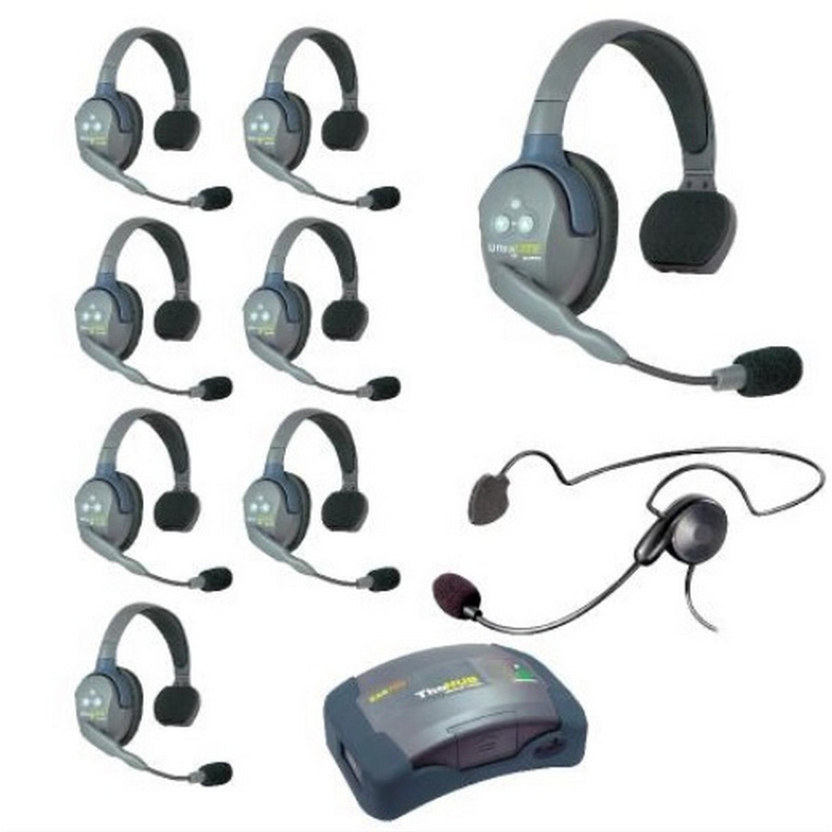 Eartec HUB9SCYB 9-Person Wireless Intercom with 8 UltraLITE Single Ear Headsets and 1 Plug-In Cyber Headset