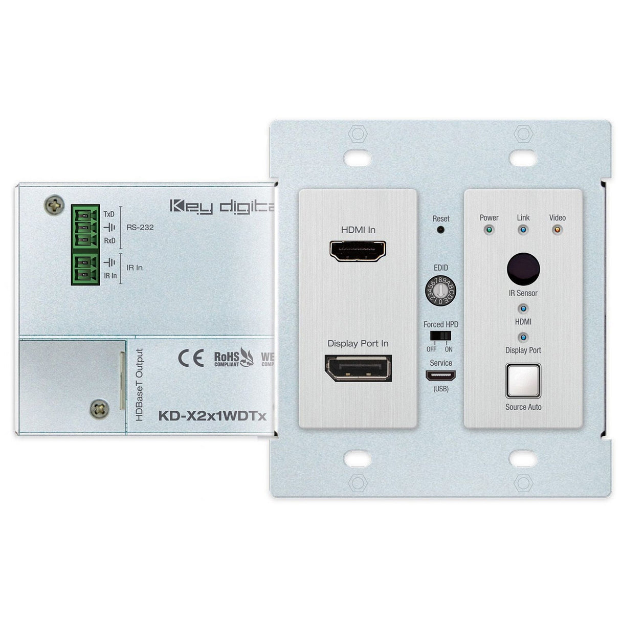 Key Digital KD-X2X1WDTX 2 x 1 4K/18G 40m HDBaseT PoH Wall Plate Switcher Transmitter