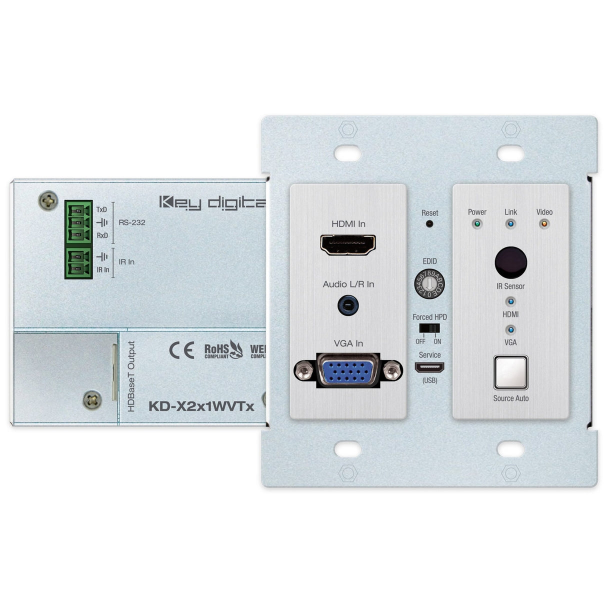 Key Digital KD-X2X1WVTX 2 X 1 4K/18G 40m HDBaseT PoH Dual-Gang Wall Plate Switcher Transmitter