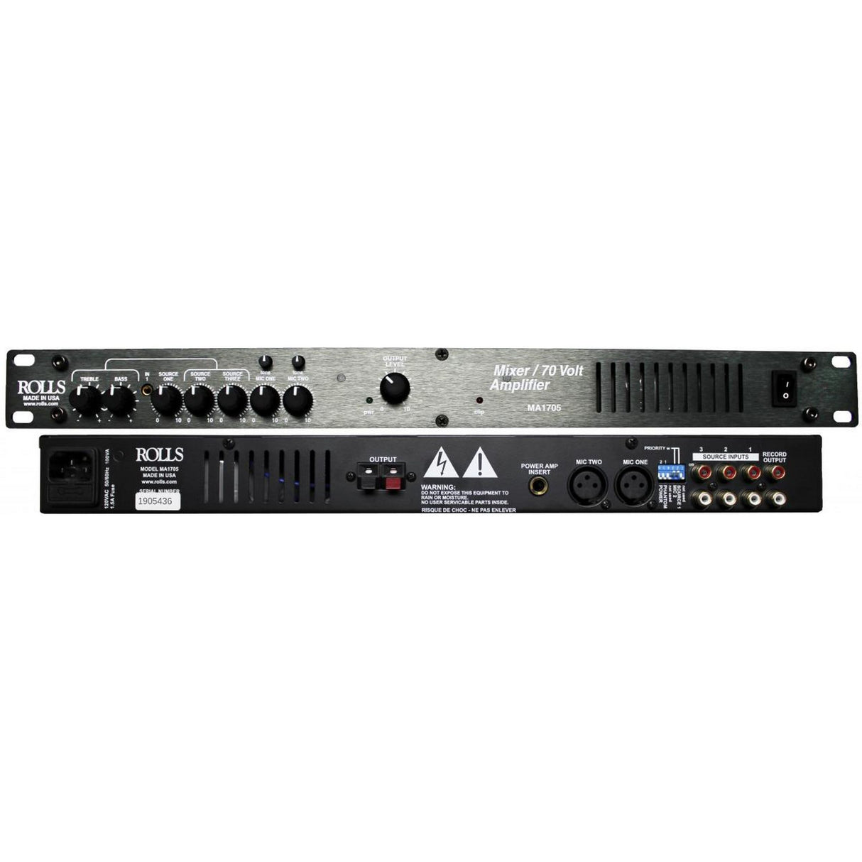 Rolls MA1705 Single Rack Space 70v Mixer Amplifier