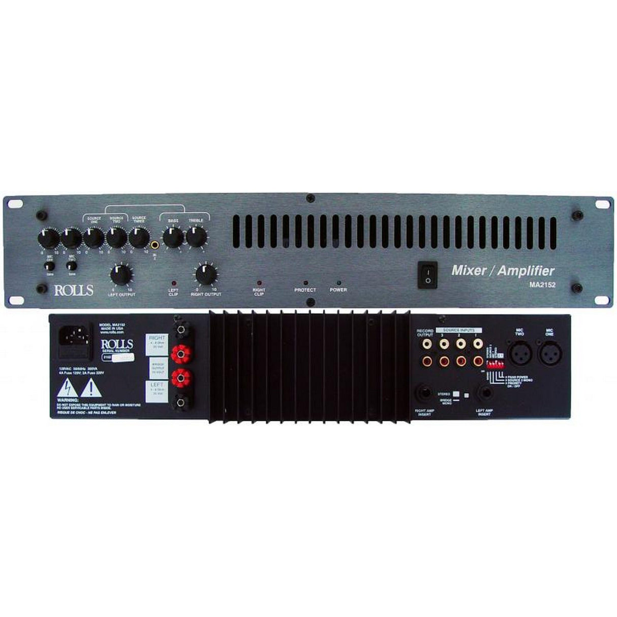 Rolls MA2152 2 Rack Space Stereo/70v Mixer Amplifier, 200 Watt Mono