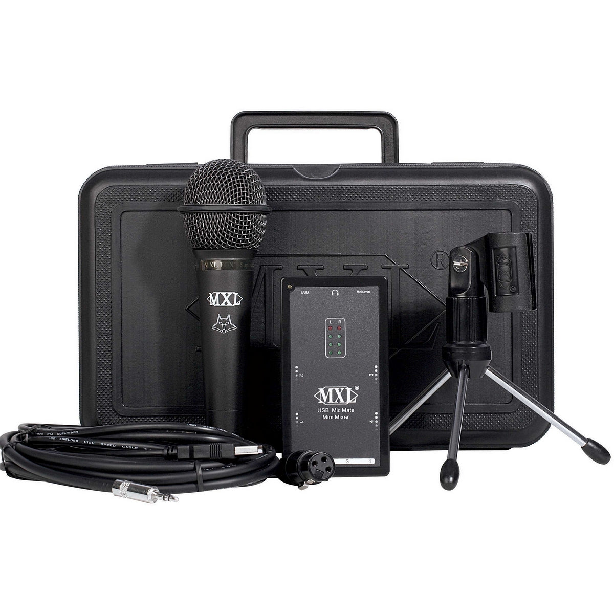 MXL Mic Mate USB Mini Mixer | Dynamic Microphone Carrying Case Tripod Stand Mount Mic Stand Adapter Cables