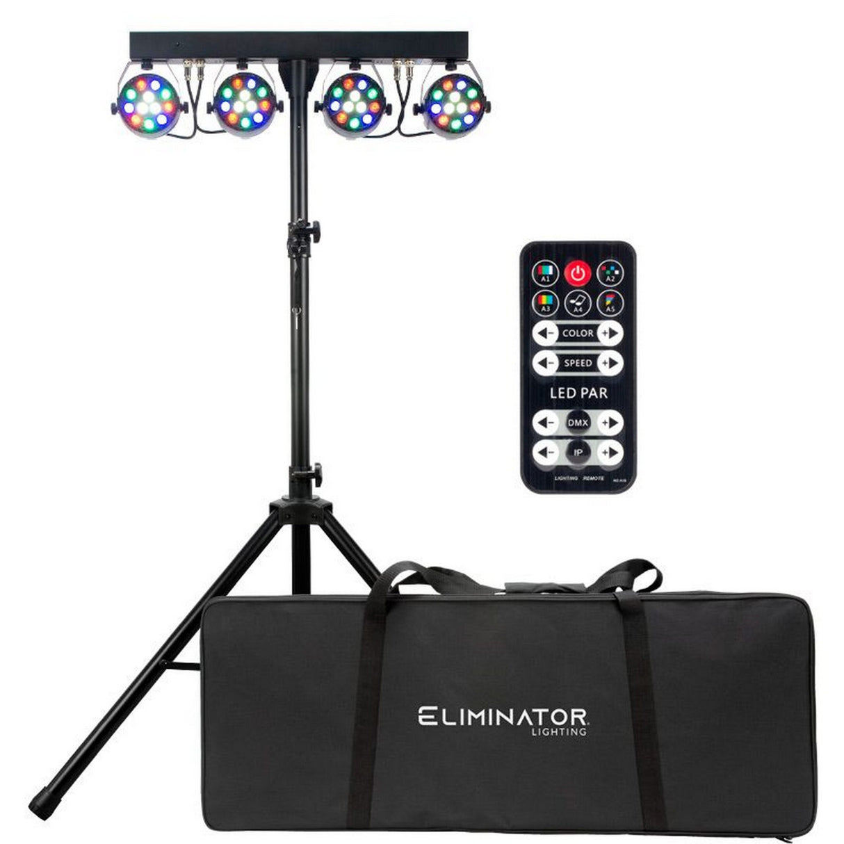 Eliminator Lighting Mini Par Bar Lighting System with 4 LED Wash Fixtures/Tripod/Wireless Remote/Transport Bag