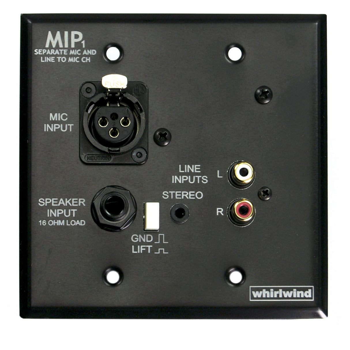 Whirlwind MIP1B 2-Gang Wall Input Plate with XLRF, 3.5mm TRS, Dual RCA, 1/4-Inch Speaker Inputs, Black