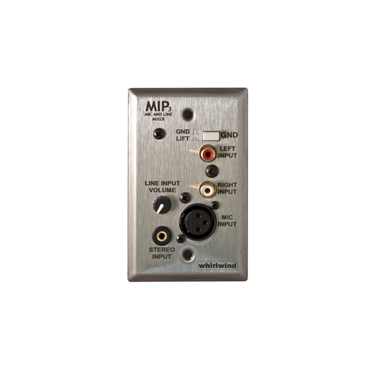 Whirlwind MIP3S 1-Gang Wall Input Plate with XLRF, 3.5mm TRS, Dual RCA, Level Control Inputs, Stainless