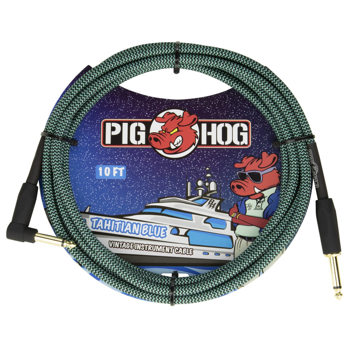 Pig Hog PCH10TABR Tahitian Blue Instrument Cable, 10-Foot, Right Angle
