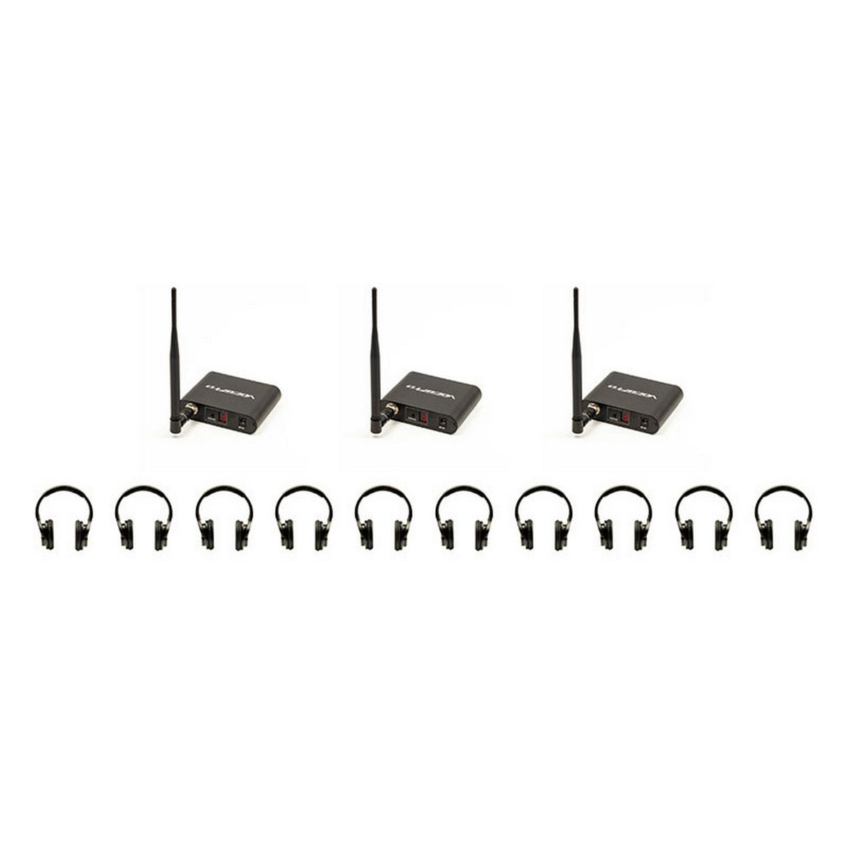 VocoPro Silent Disco 310 Package with 3 Transmitters and 10 Wireless LED Headphones