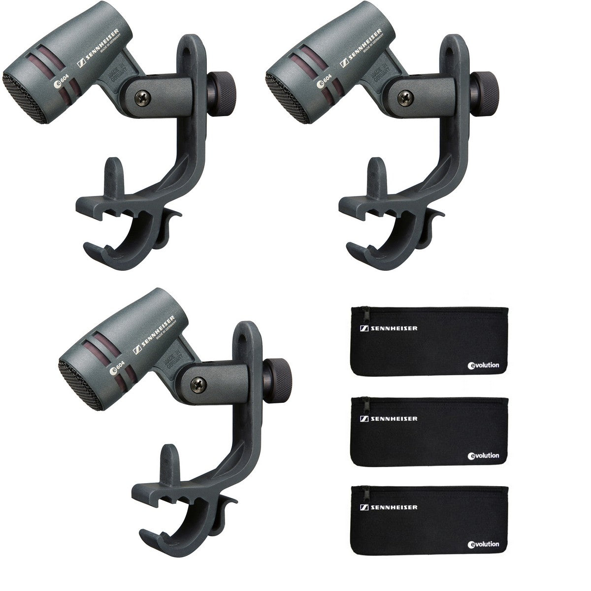 Sennheiser 3-Pack e604 | Three Dynamic Drum Microphone Pack Include MZH604 Microphone Clip Carrying Pouch