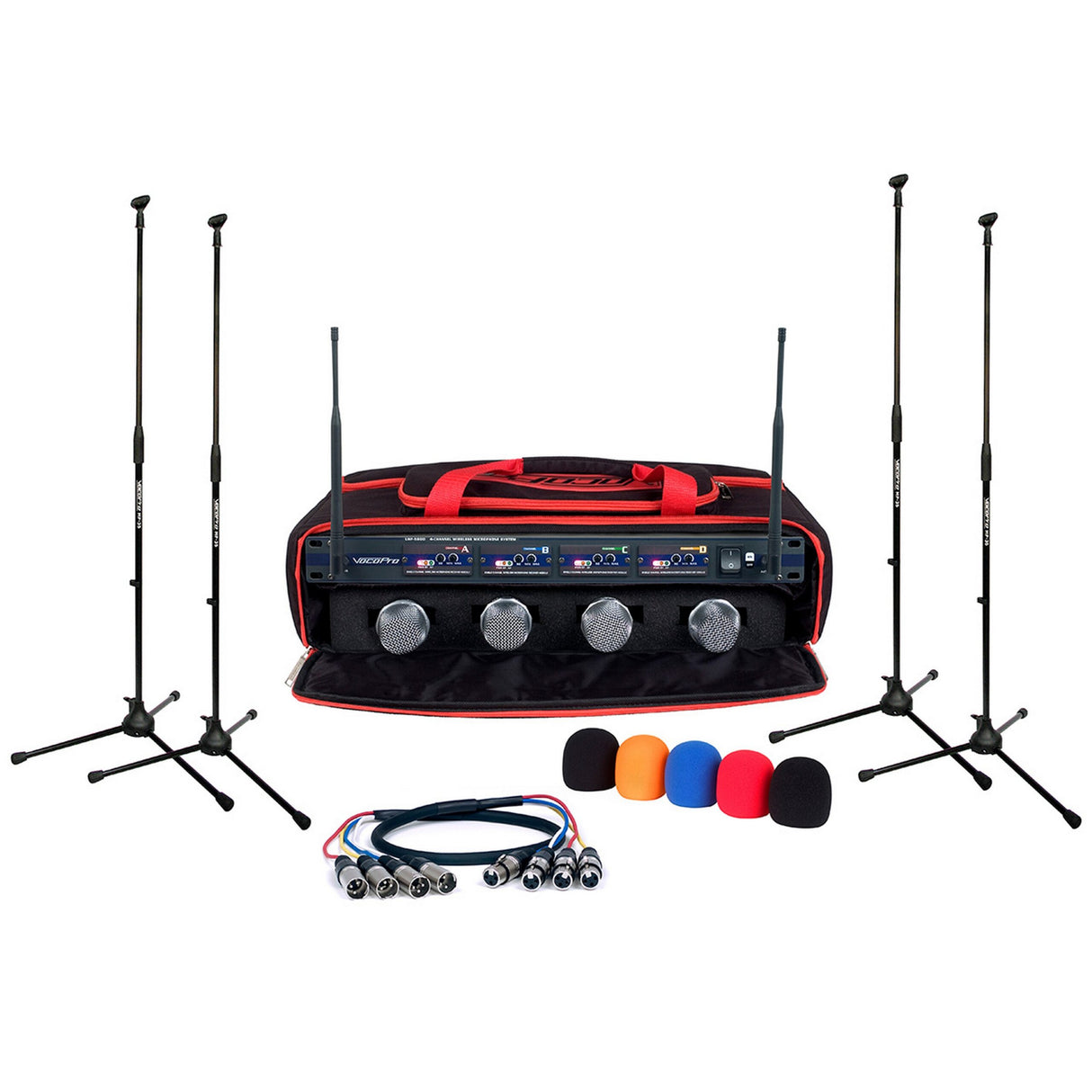 VocoPro UHF-5800-XL Professional 4-Channel UHF Wireless Microphone Package with XLR Cables, Stands and Carrying Bag