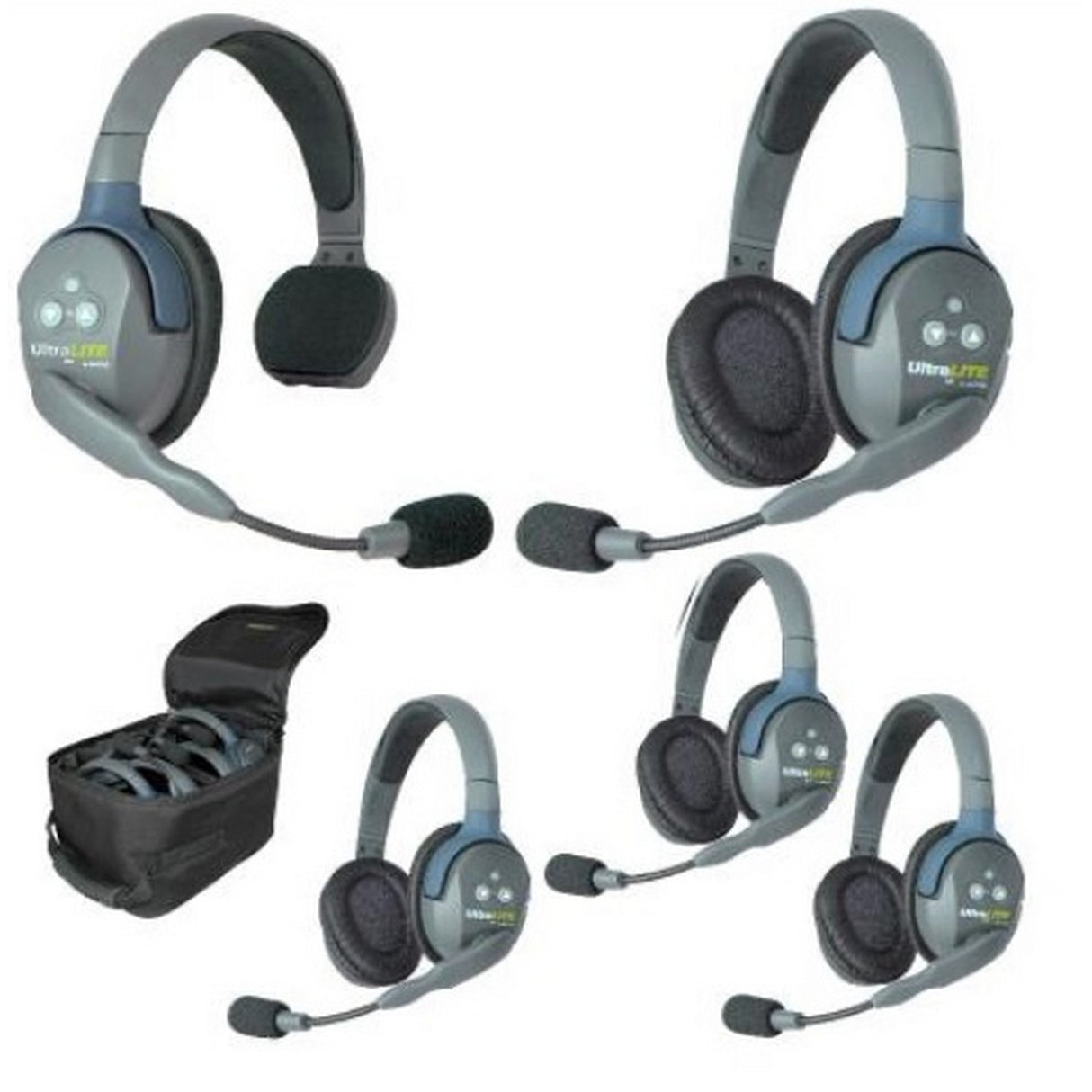 Eartec UL514 5-Person Full Duplex Wireless Intercom with 1 Single and 4 Double Ear UltraLITE Headsets