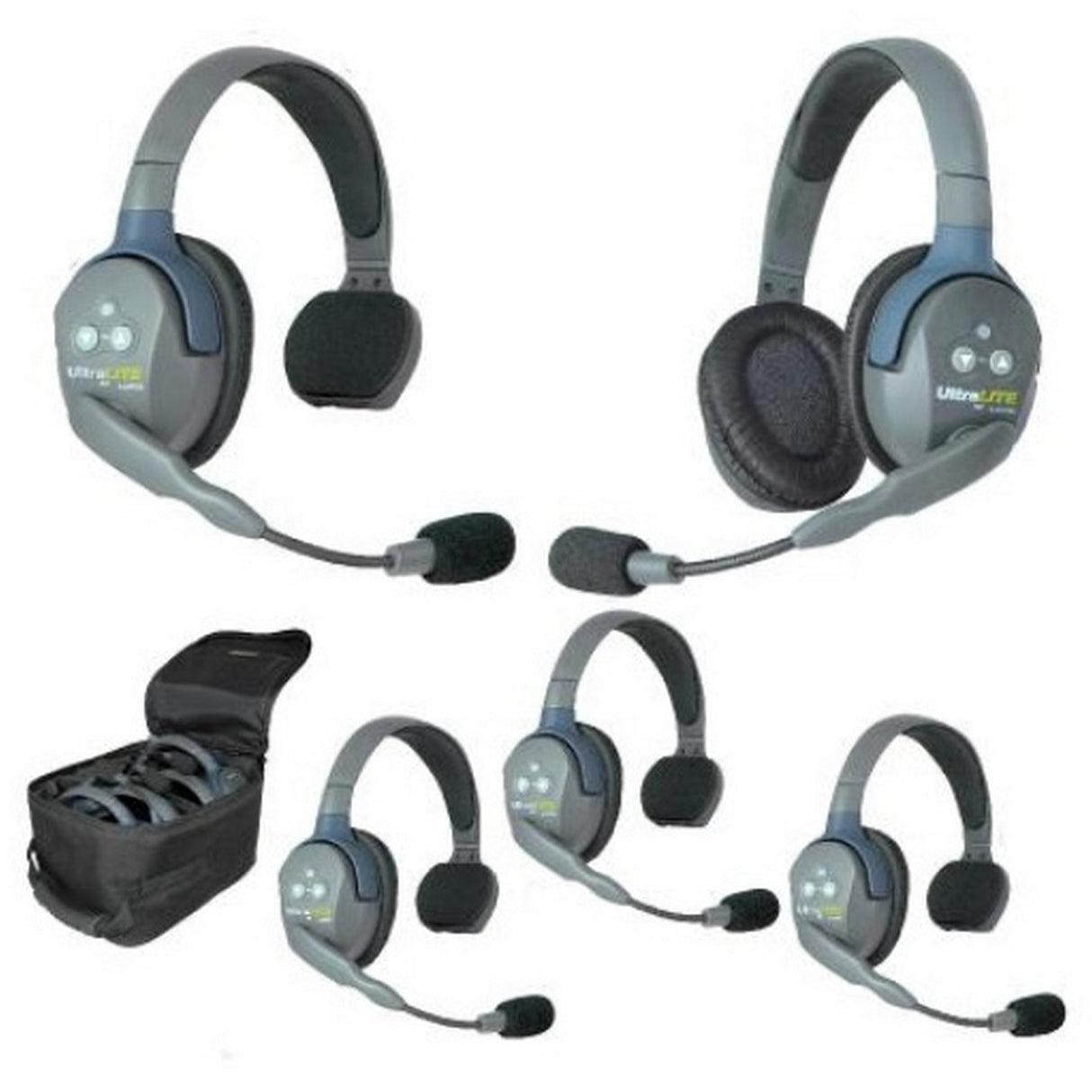 Eartec UL541 5-Person Full Duplex Wireless Intercom with 4 UltraLITE Single Ear Headsets and 1 Double Ear Headset