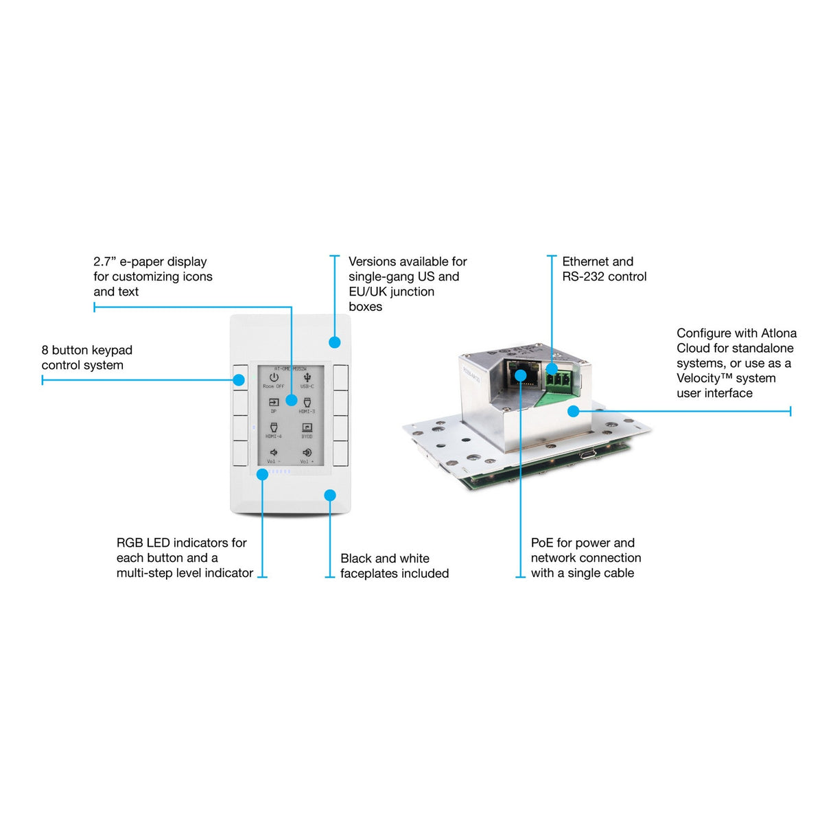 Atlona AT-VKP-8E Velocity 2.7-Inch E-Paper 8-Button Keypad Controller Display with Black/White Face Plates