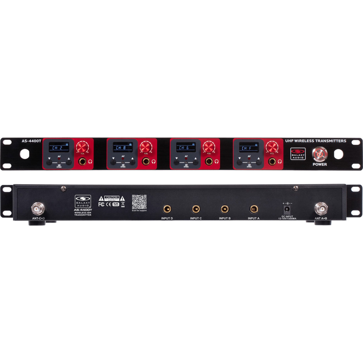 Galaxy Audio AS-4400 with 4 Wireless In-Ear Monitors and 4 UHF 16-Channel Transmitters in 1U Rack Space