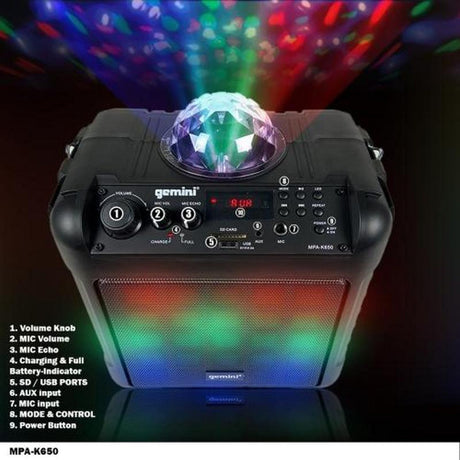 Gemini MPA-K650 6.5-Inch LED Bluetooth Rechargeable Karaoke Speaker