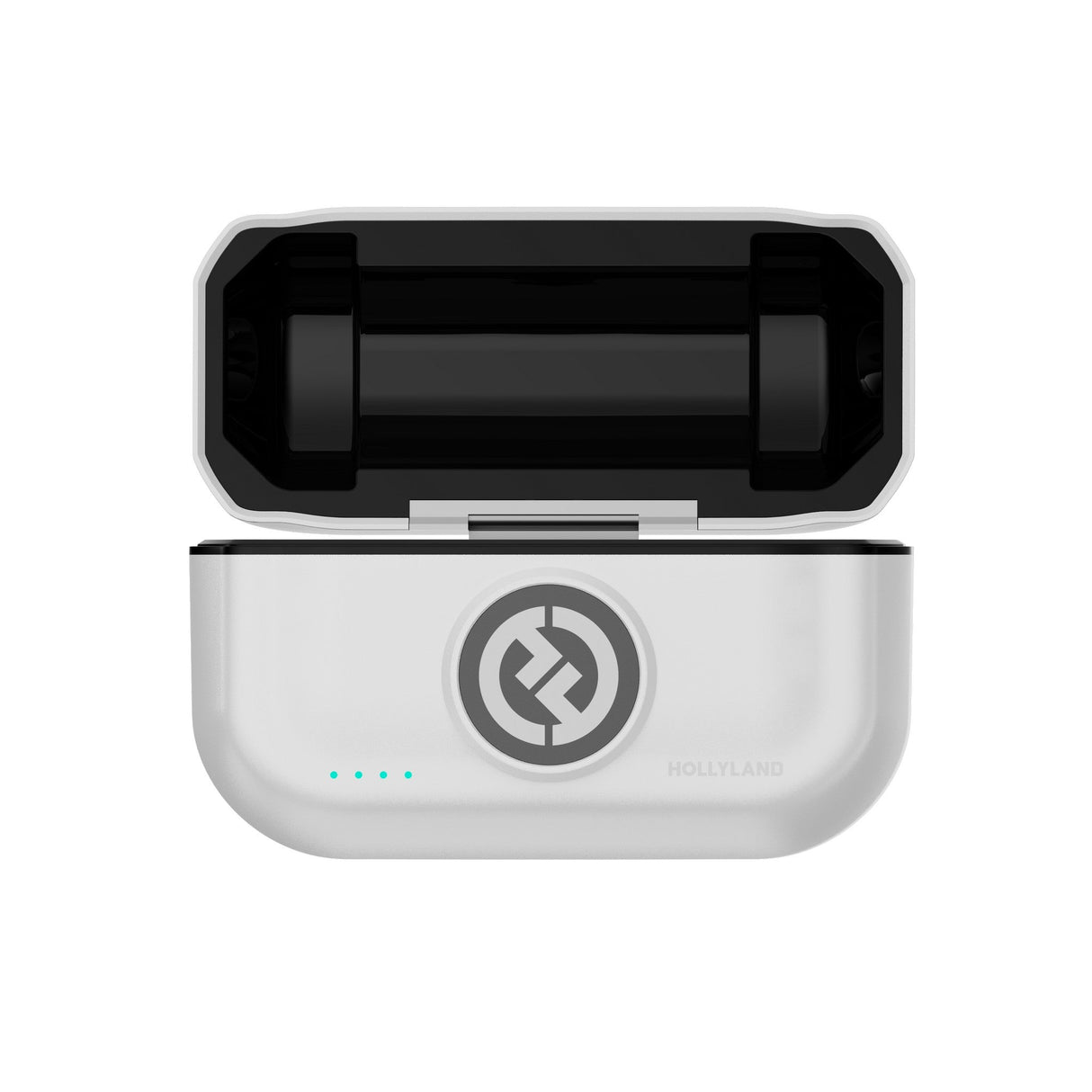 Hollyland Lark M2 shine white charging case top view: white case open showing black cylindrical cradles for dual TX transmitters (top), bottom case with Hollyland logo, cyan LEDs, silver interior for RX Lightning receiver storage
