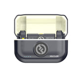 Hollyland Lark M2 (shine charcoal) wireless microphone charging case open: two black TX1 transmitters docked with yellow accents, blue status LED on lid with Hollyland logo, lightweight dual-channel lav system with Lightning receiver