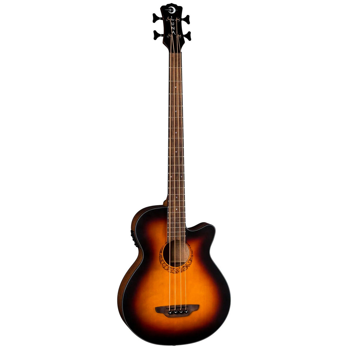 Luna Guitars Tribal 34-Inch Long Scale Tobacco Sunburst Acoustic-Electric Bass Guitar, 4-String