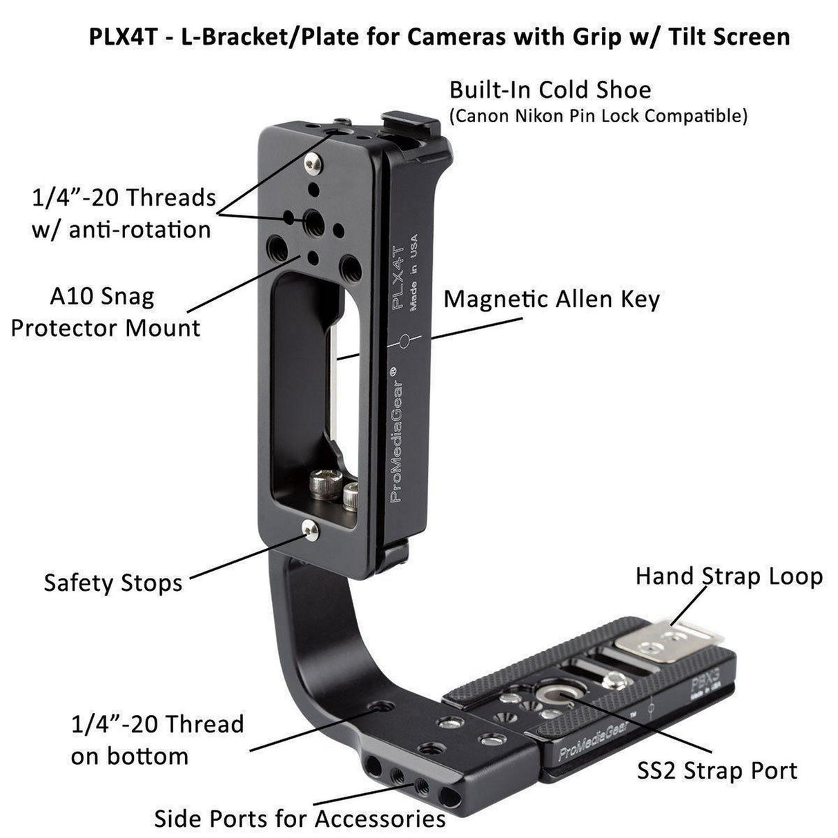 ProMediaGear PLX4TQD Universal Arca-Swiss L-Bracket for Tall DSLR and Mirrorless Cameras with Articulating LCD Screens
