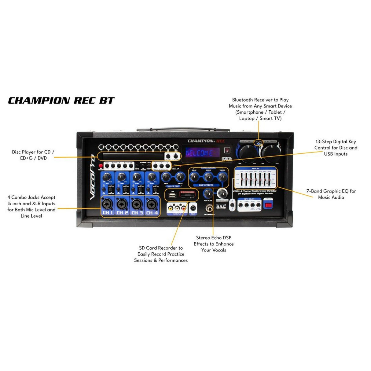 VocoPro Champion-Rec-BT Basic 200W Portable Karaoke PA System