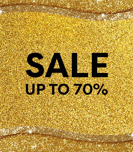 Animated GIF of gold glitter background with shiny bubbles and balls, featuring "SALE UP TO 70%" text for AVL Gear promotions