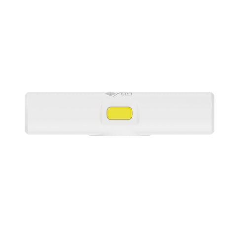 Hollyland Lark M2 shine white charging case top view: compact rectangular white case with Hollyland logo, centered yellow power button, slim design for storing dual TX and Lightning RX units in wireless lavalier microphone system