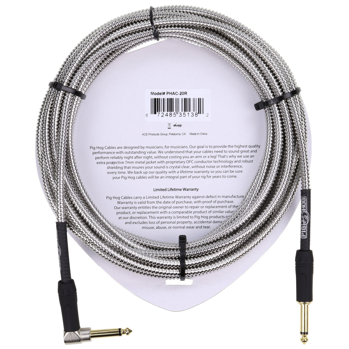 Pig Hog PHAC-20R Armor Clad Instrument Cable, 20ft, Right Angle