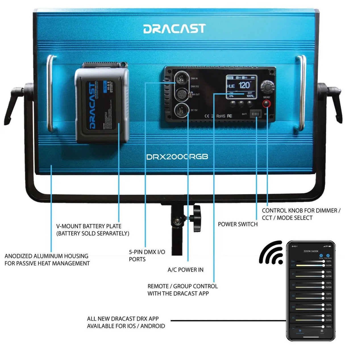 Dracast DRX2000RGB X Series LED2000 RGB and Bi-Color LED Video Light Panel, V-Mount