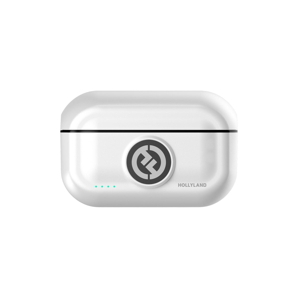 Hollyland Lark M2 shine white charging case front view closed: white oval case with centered Hollyland logo, cyan charging status LEDs, slim glossy finish, compact carrier for dual wireless lavalier transmitters and Lightning receiver