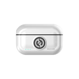 Hollyland Lark M2 shine white charging case front view closed: white oval case with centered Hollyland logo, cyan charging status LEDs, slim glossy finish, compact carrier for dual wireless lavalier transmitters and Lightning receiver