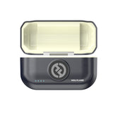 Hollyland Lark M2 shine charcoal wireless microphone charging case open (empty): black exterior with Hollyland logo and blue LED dots on lid, light beige interior with docking slots for two transmitters and receiver, compact design for dual-channel system