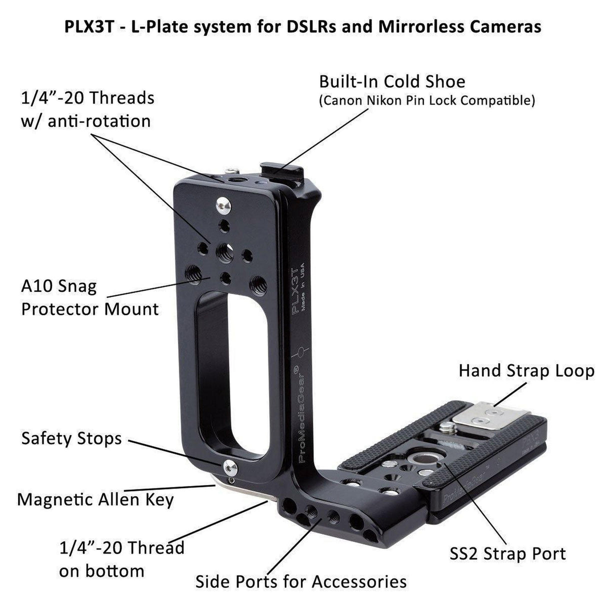 ProMediaGear PLX3TQD Universal Arca-Swiss L-Bracket for DSLR and Mirrorless Cameras with Articulating LCD Screens