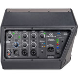 Close-up of Sheeran Busker Special Edition mixer controls including Alesis FX, volume meters, and DSP modes for monitor or PA use 