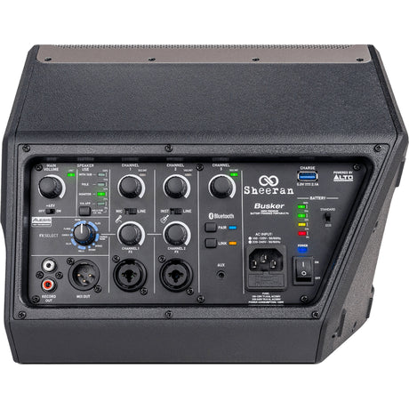 Close-up of Sheeran Busker Special Edition mixer controls including Alesis FX, volume meters, and DSP modes for monitor or PA use 