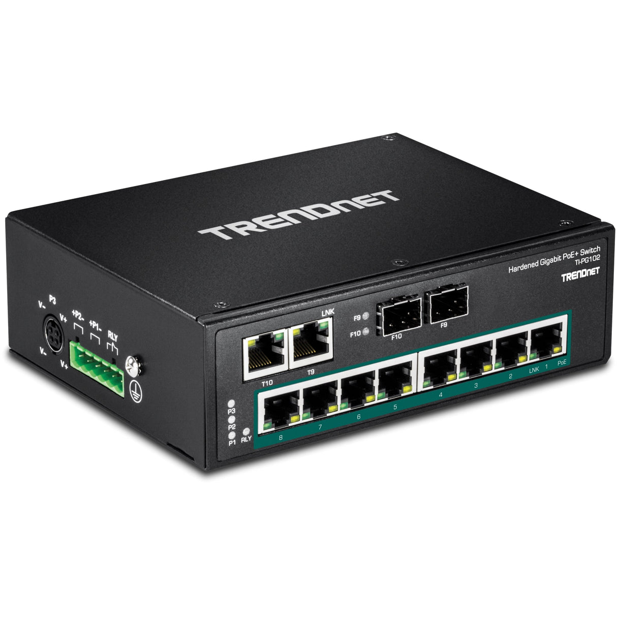 TRENDnet TI-PG102 10-Port Industrial Gigabit PoE+ DIN-Rail Switch