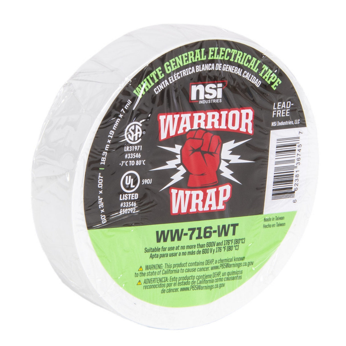 WarriorWrap WW-716-WT 716 General 7 mil Electrical Tape, White, .75-Inch W x 60-Feet