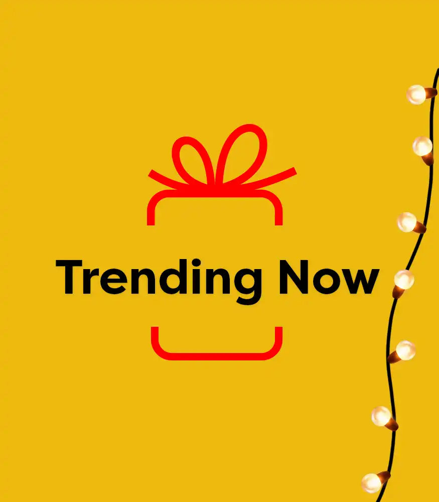 AVLGEAR Banner - Yellow background with red gift box and bow, 'Trending Now' text, and string lights on the right.
