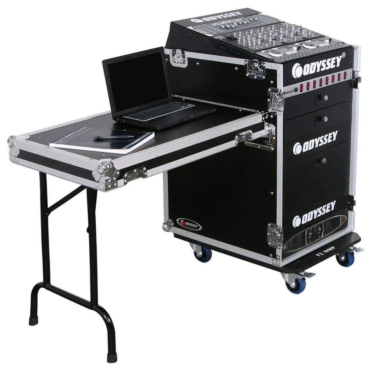 Odyssey Deluxe 13U Top Slanted 16U Bottom Vertical Pro Combo Rack with Side Table and Casters