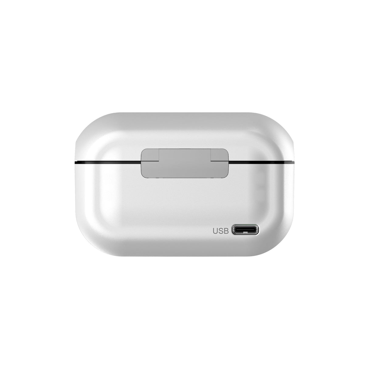 Hollyland Lark M2 shine white charging case rear view closed: white oval-shaped case with USB-C charging port labeled, slim matte silver trim edges, portable battery storage for wireless lavalier TX and Lightning RX components