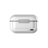 Hollyland Lark M2 shine white charging case rear view closed: white oval-shaped case with USB-C charging port labeled, slim matte silver trim edges, portable battery storage for wireless lavalier TX and Lightning RX components