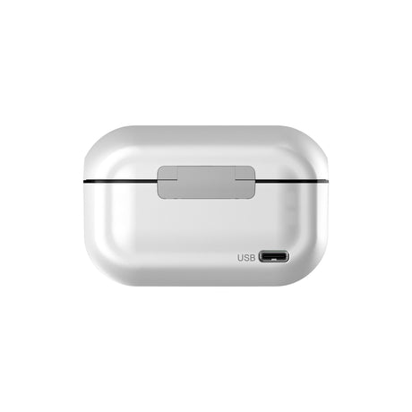 Hollyland Lark M2 shine white charging case rear view closed: white oval-shaped case with USB-C charging port labeled, slim matte silver trim edges, portable battery storage for wireless lavalier TX and Lightning RX components