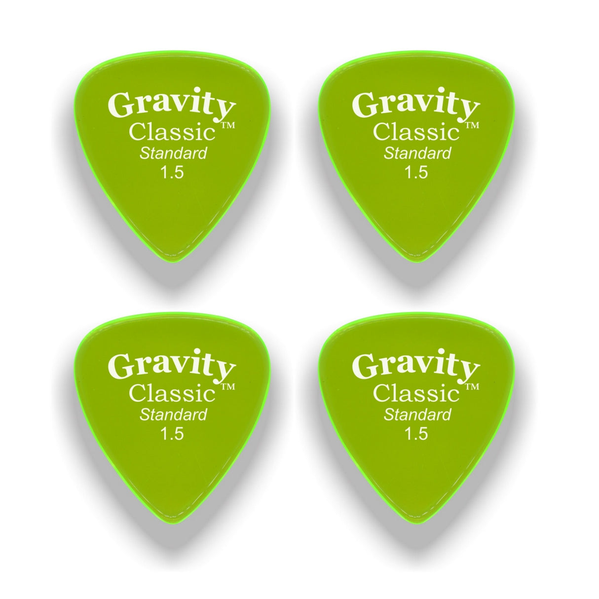 Gravity Picks GCLS15P-4pk Classic Picks, Polished, Standard Size, 1.5mm, Fluorescent Green, 4-Pack