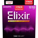Elixir 16545X Phosphor Bronze NANOWEB Acoustic Guitar Strings 3-Pack - Light (12-53)